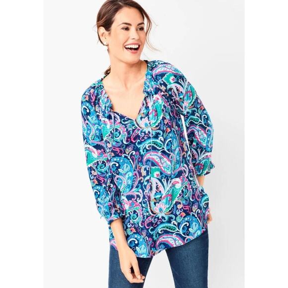 Talbots Paisley Tie Neck Popover Blouse Size 1X Blue Pink Green Orange - Picture 1 of 5